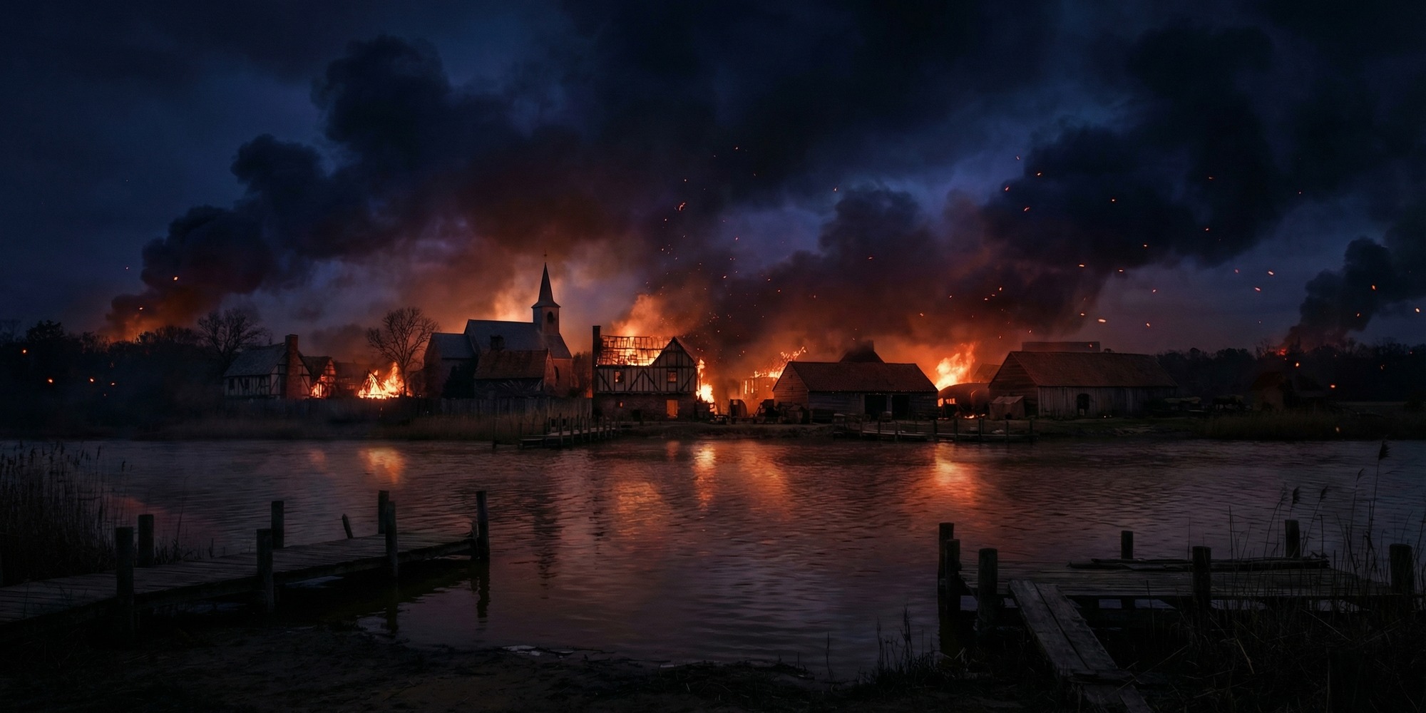 A colonial Virginia river at night, its surface reflecting the orange-red glow of burning settlement buildings along the far bank, smoke rising into a dark sky — evoking the burning of Jamestown in 1676.