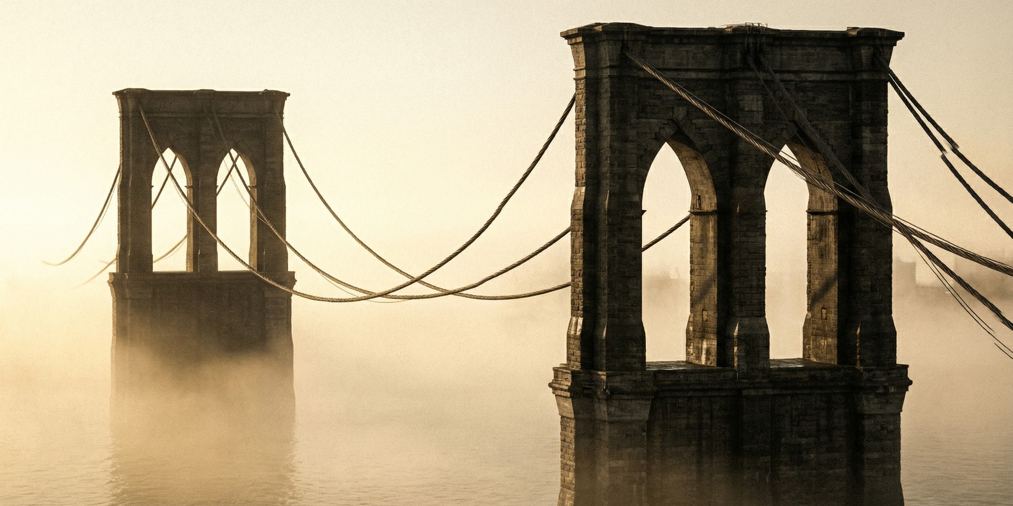 Two Gothic stone bridge tower arches rise above a misty river at dawn, heavy steel cables descending in graceful curves, evoking the industrial grandeur of the Brooklyn Bridge's construction in the 1870s–1880s