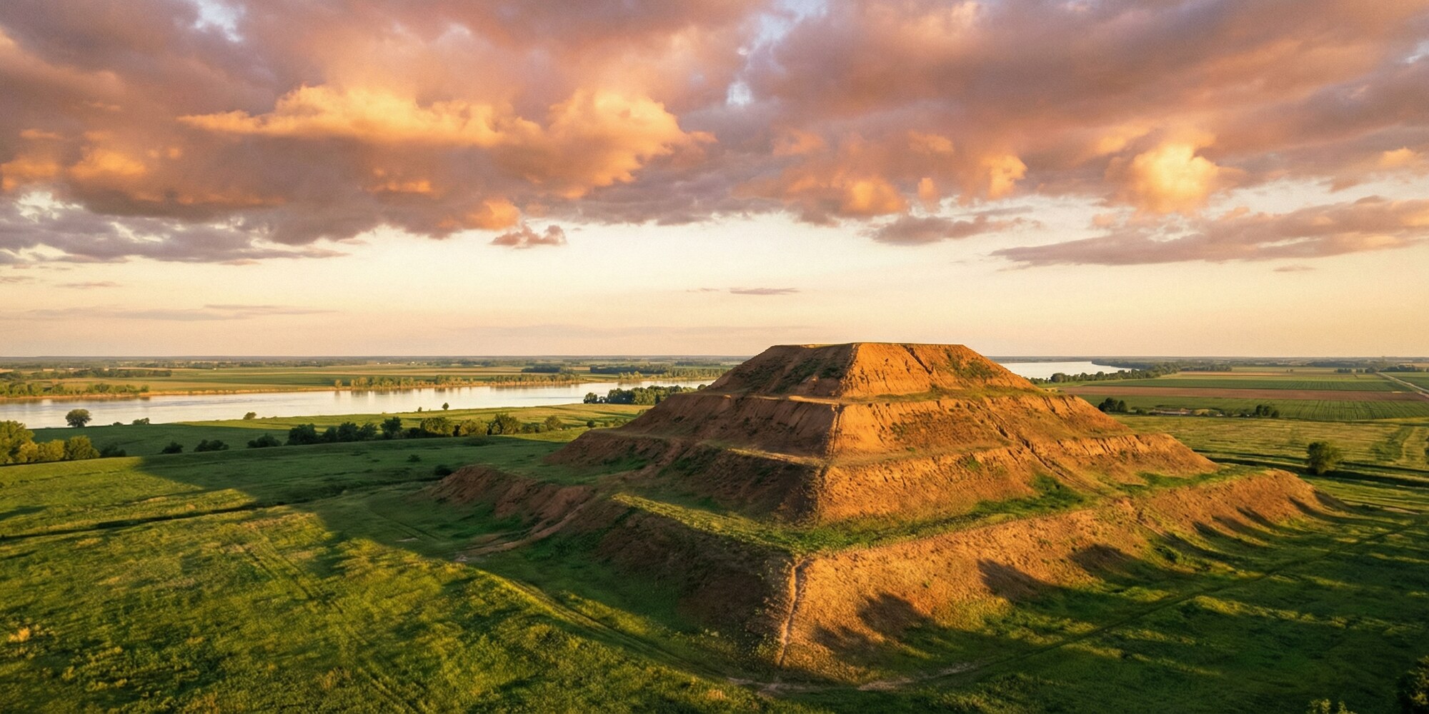 A vast flat-topped earthen pyramid rising from the Mississippi River floodplain at dawn, casting long golden shadows across the ancient American Bottom