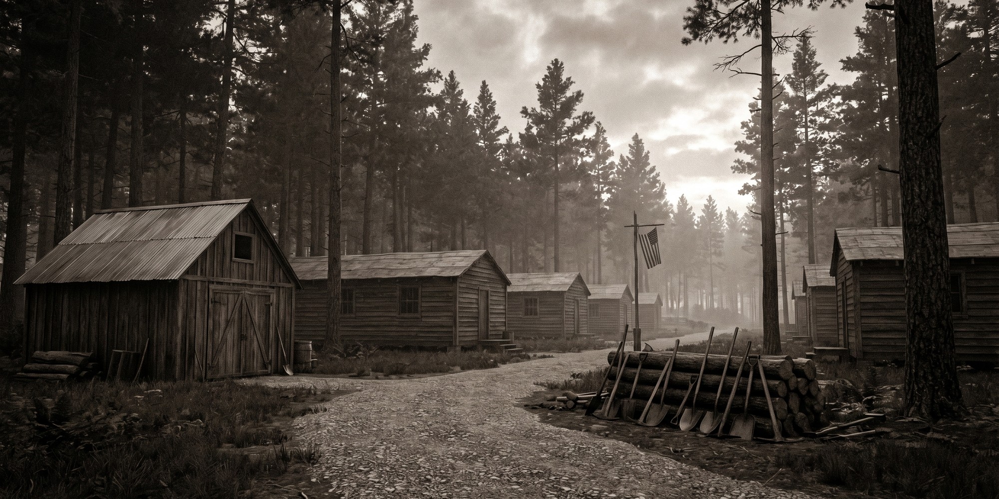 Wooden Civilian Conservation Corps camp buildings beside a pine forest road at dawn
