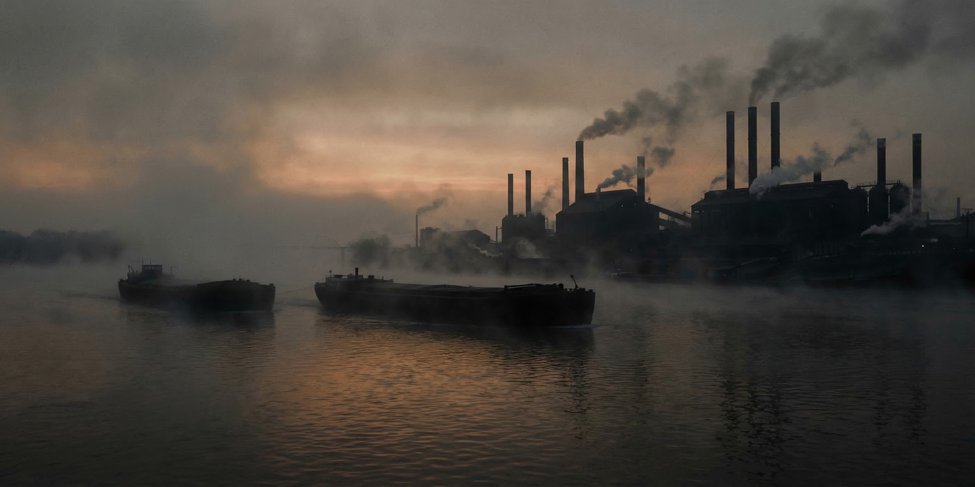 Pre-dawn mist on the Monongahela River with industrial steel mill silhouettes, evoking the tense morning of July 6, 1892