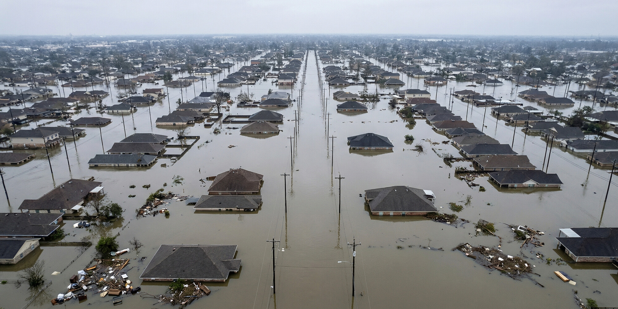 Aerial view of a New Orleans neighborhood submerged to the rooflines after the 2005 levee failures