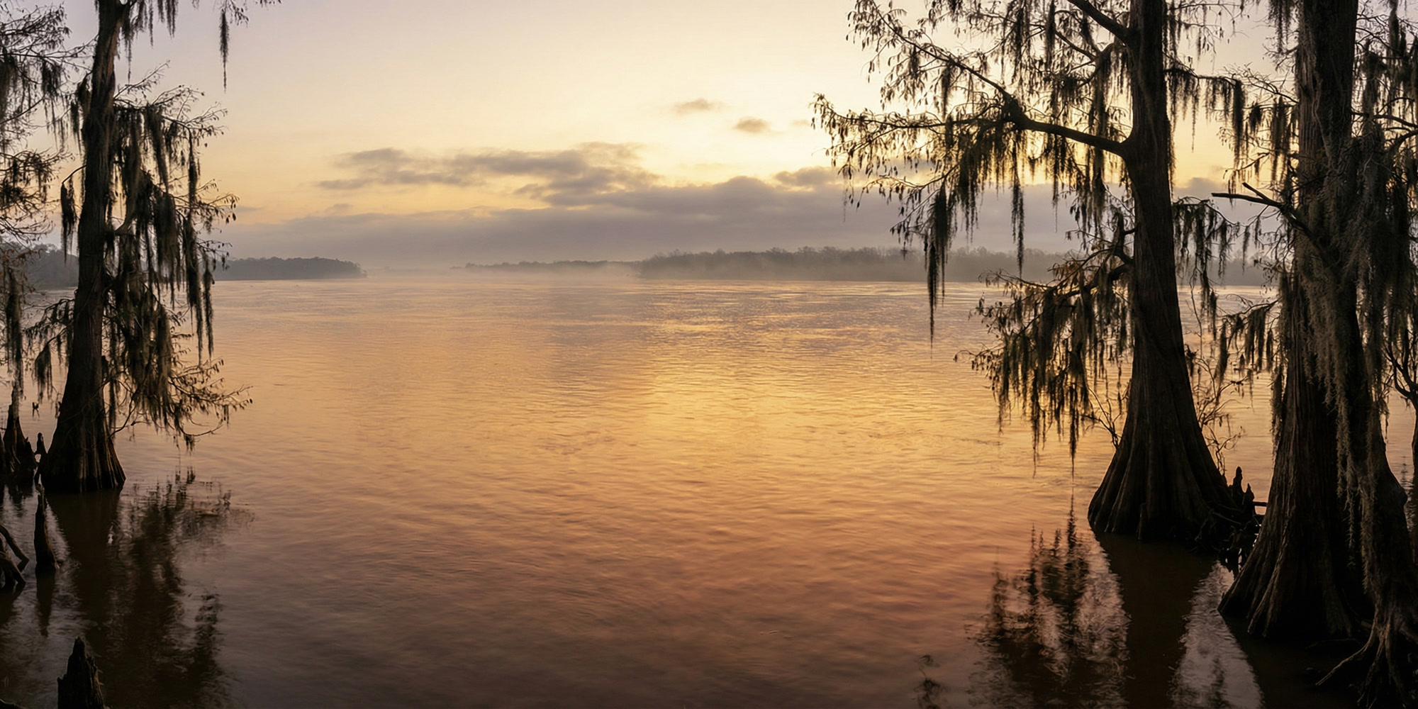 The Mississippi River at golden hour dusk, wide and amber-lit, cypress trees lining the near bank, the far shore barely visible through haze — evoking the vast scale of the Louisiana territory.