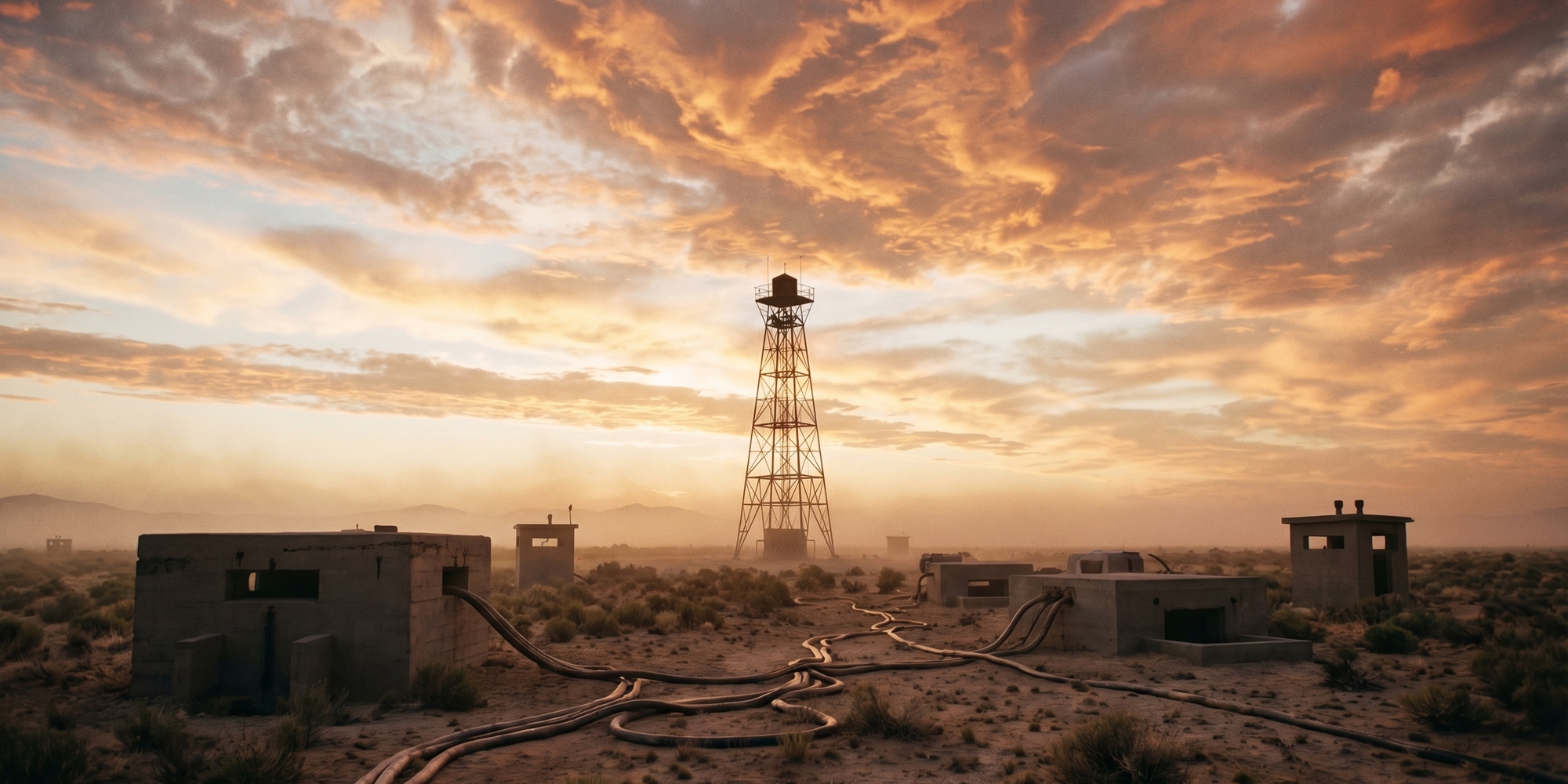Desert test tower and instrumentation lines in New Mexico at dawn