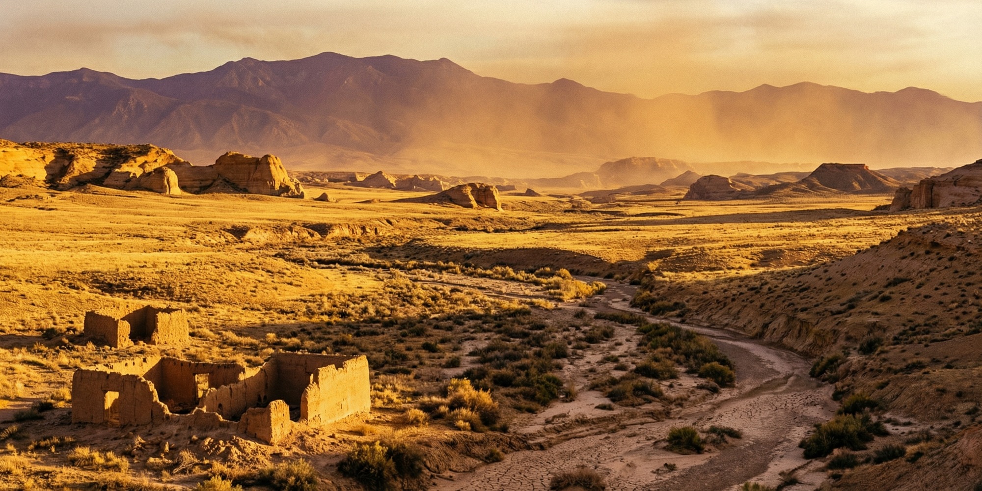 Adobe ruins beside a dry arroyo in the arid Southwest borderlands ceded to the United States after the Mexican-American War
