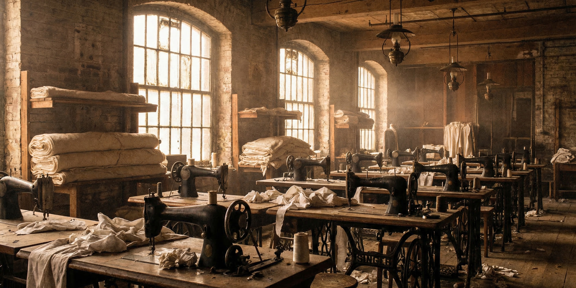 A dim early-1900s factory loft with rows of cast-iron sewing machines, amber afternoon light filtering through dusty windows
