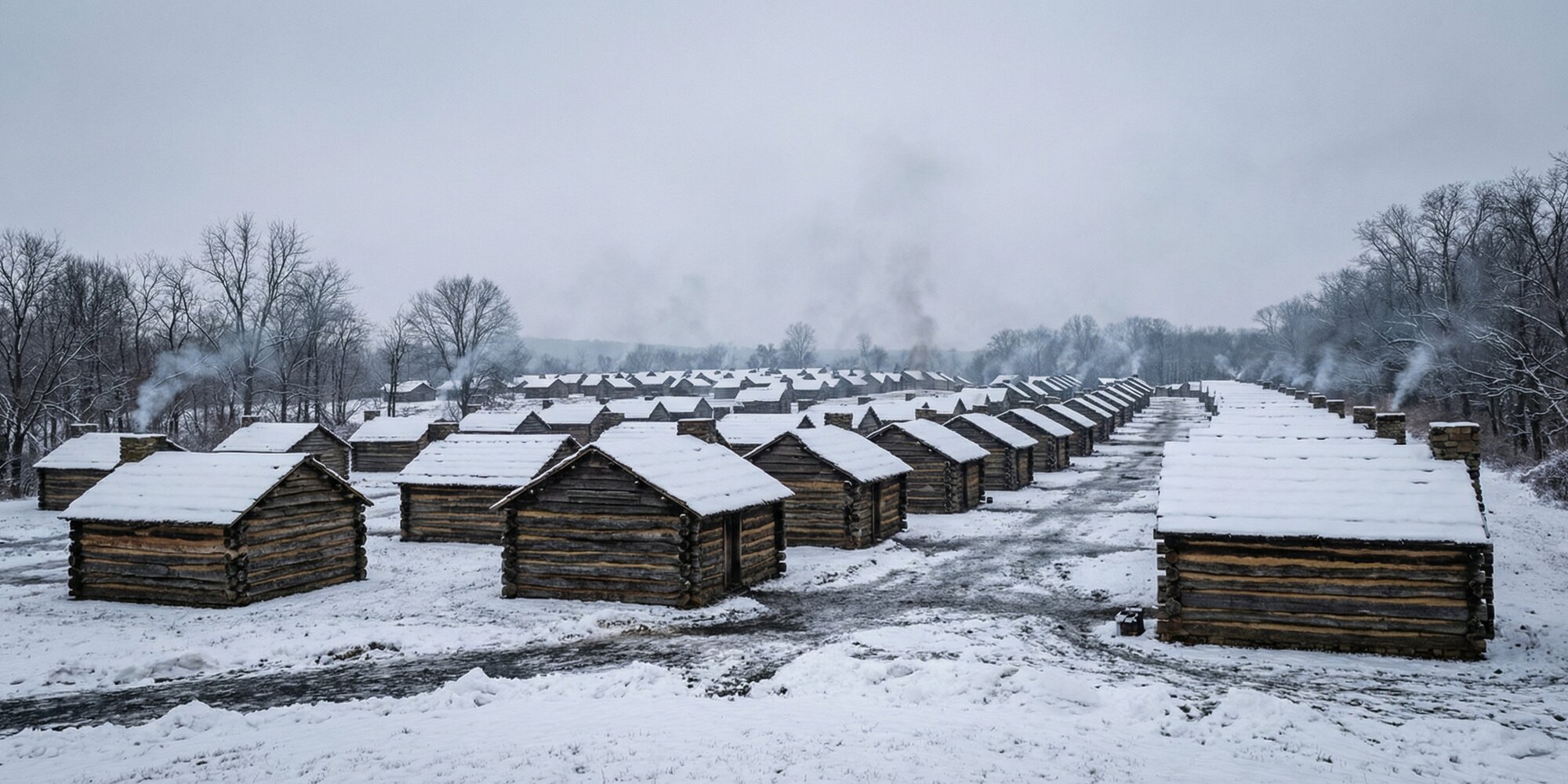 Rows of rough-hewn log huts in an organized colonial military encampment, snow-covered ground, bare trees, and a pale gray Pennsylvania winter sky — Valley Forge, 1777.