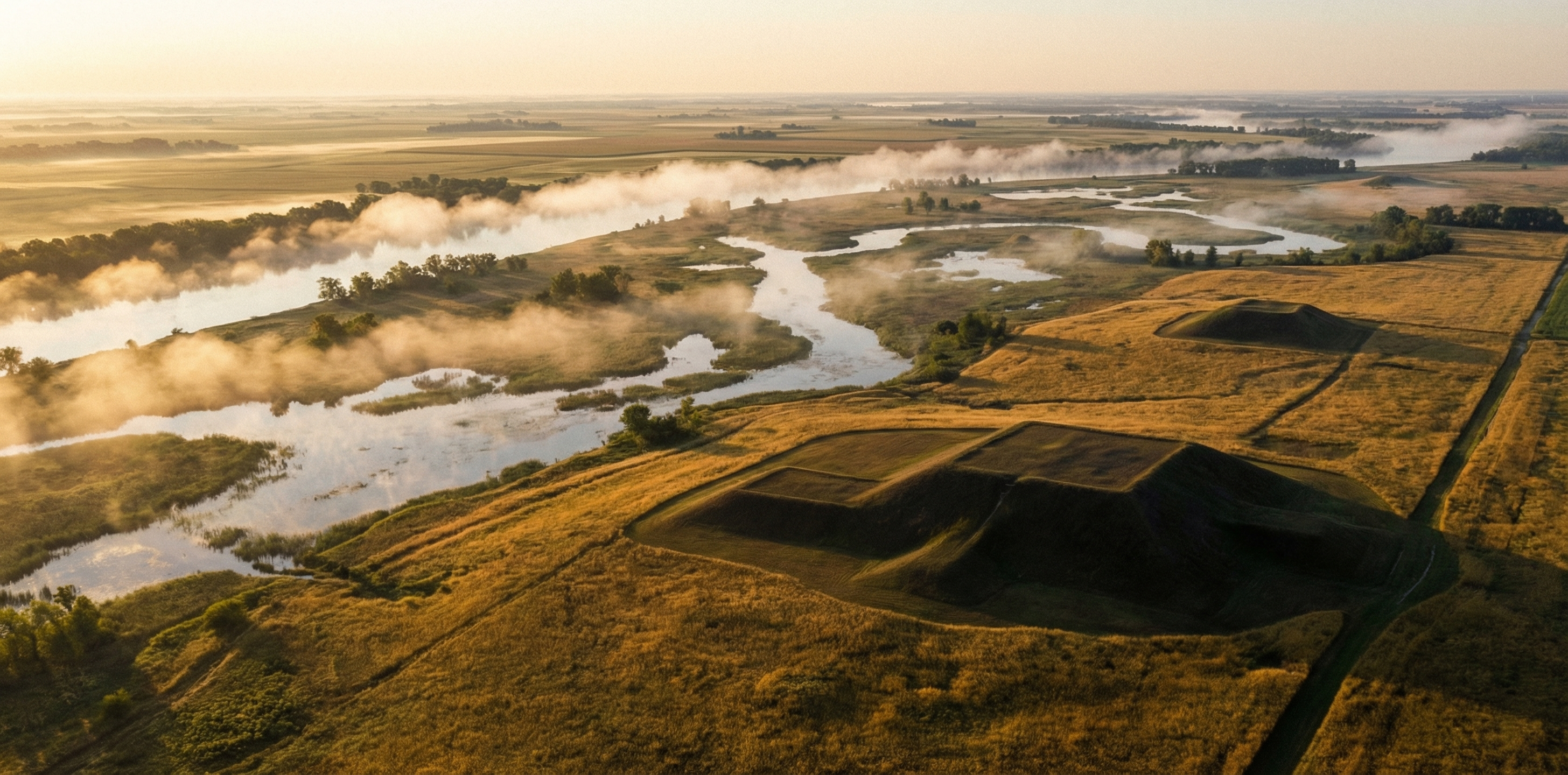 A sweeping aerial view of the Mississippi River floodplain at dawn, mist rising over the flat Illinois prairie where the great earthen mounds of Cahokia once dominated the landscape