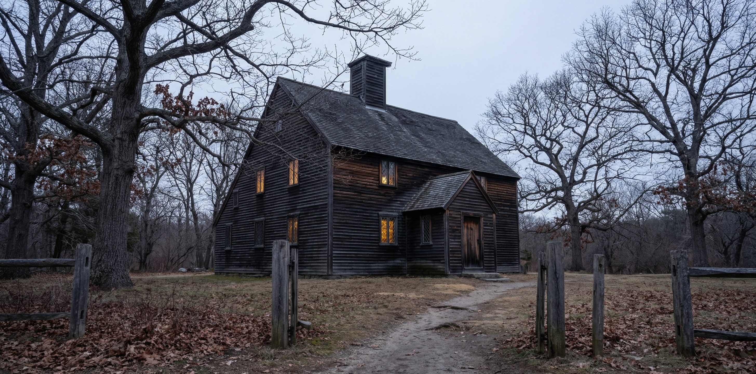 A weathered colonial-era wooden meetinghouse at dusk in Puritan New England, surrounded by bare oak trees, with soft amber light filtering through small leaded glass windows
