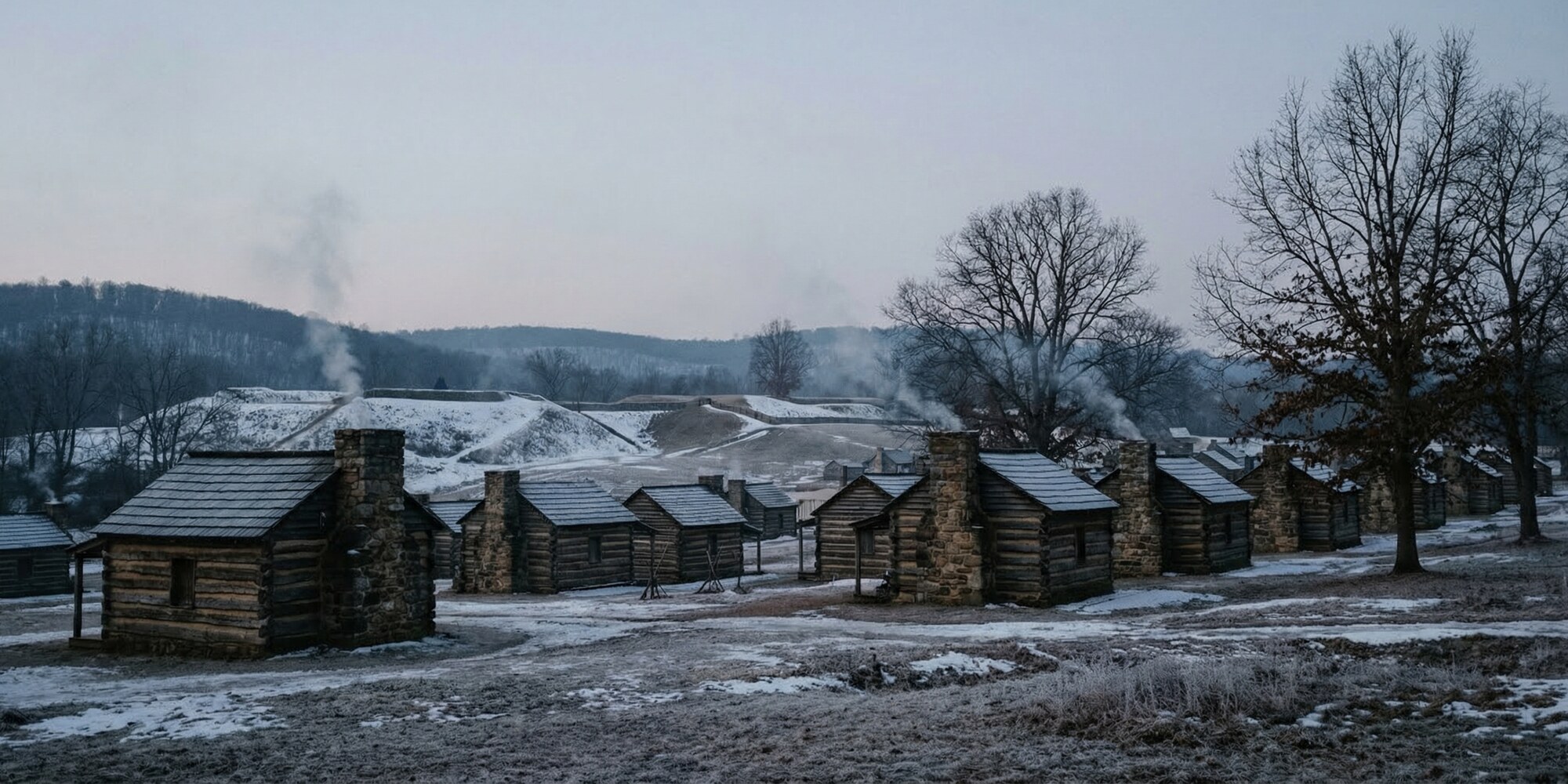 A wide winter landscape of the Valley Forge encampment — rows of rough-hewn log cabins in snow-dusted Pennsylvania hills, bare trees, pale gray sky, wood smoke rising from chimneys