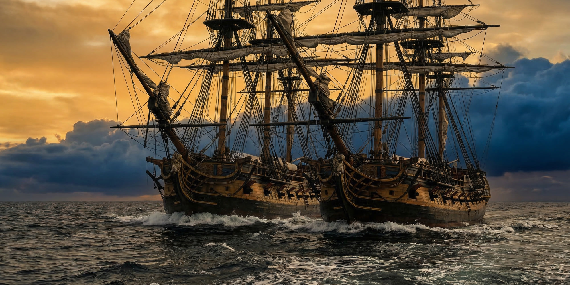 Two late 18th century American sailing frigates on open Atlantic waters at dusk, dramatic golden-orange sky with storm clouds on the horizon, period-accurate wooden warships with furled canvas sails, dark choppy waves, cinematic and atmospheric
